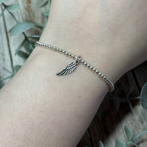Angel Wing Sterling Silver Elasticated Beaded Bracelet