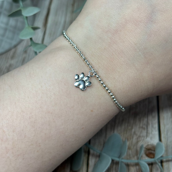 Paw Print Sterling Silver Elasticated Beaded Bracelet