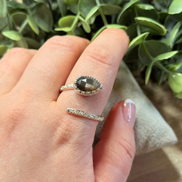 Black Sunstone Adjustable Ring Handmade Sterling Silver