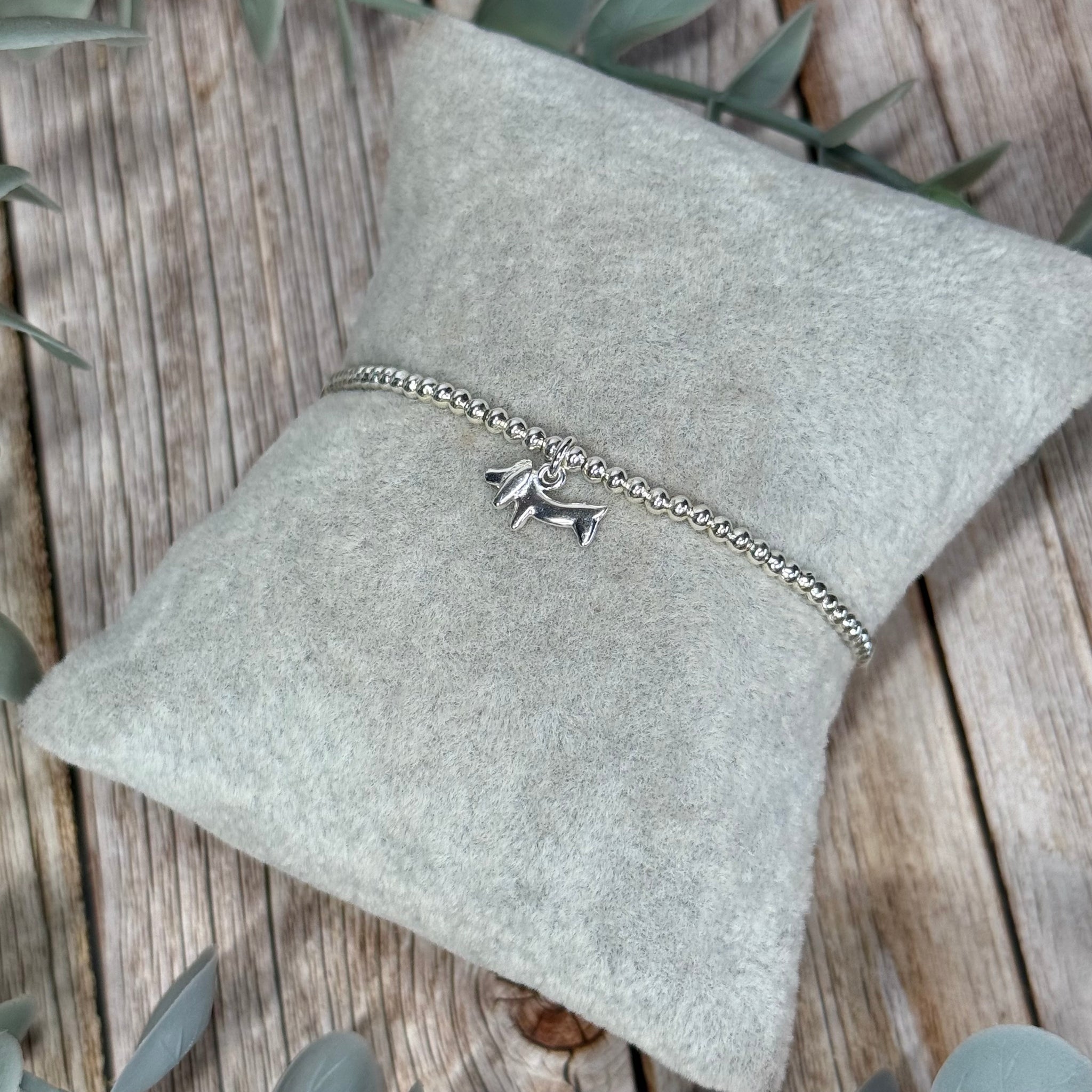 Sausage Dog Sterling Silver Elasticated Beaded Bracelet