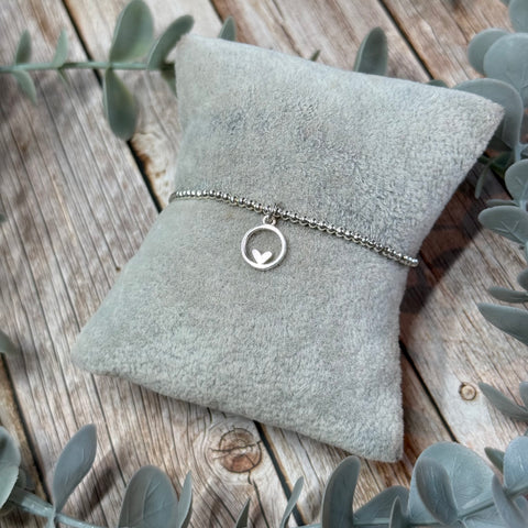 Circle Heart Sterling Silver Elasticated Beaded Bracelet