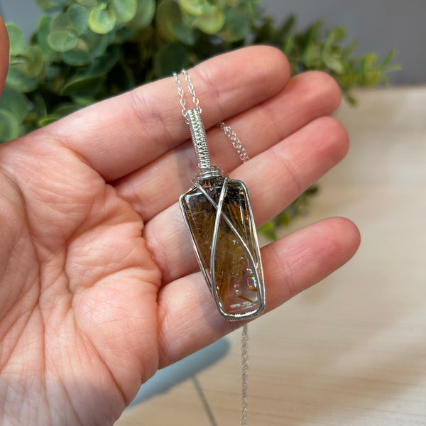 Golden Rutile Sterling Silver Wire Wrapped Pendant Necklace