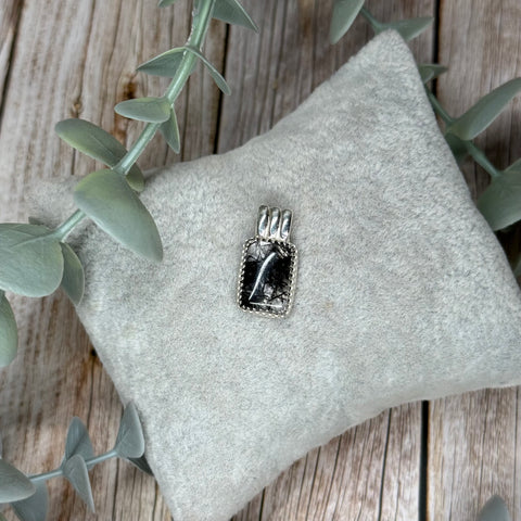 Black Tourmaline in Quartz Pendant Necklace Handmade Sterling Silver