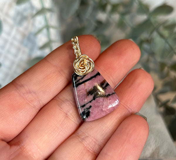 Rhodonite Gold Plated Wire Wrapped Pendant Handmade