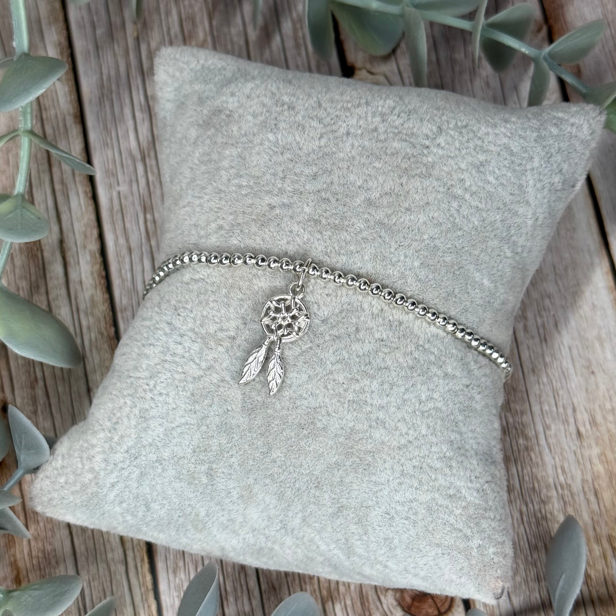 Dream Catcher Sterling Silver Elasticated Beaded Bracelet