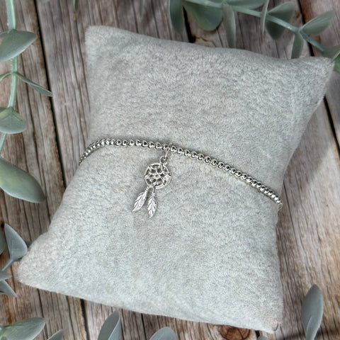 Dream Catcher Sterling Silver Elasticated Beaded Bracelet