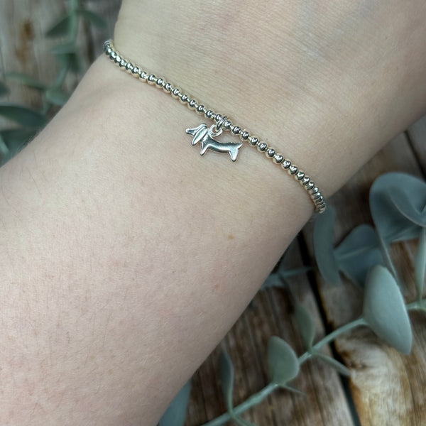 Sausage Dog Sterling Silver Elasticated Beaded Bracelet