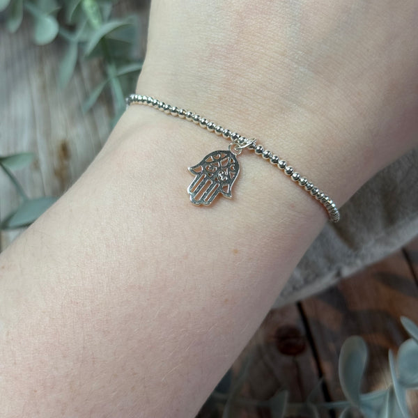 Hamsa Sterling Silver Elasticated Beaded Bracelet