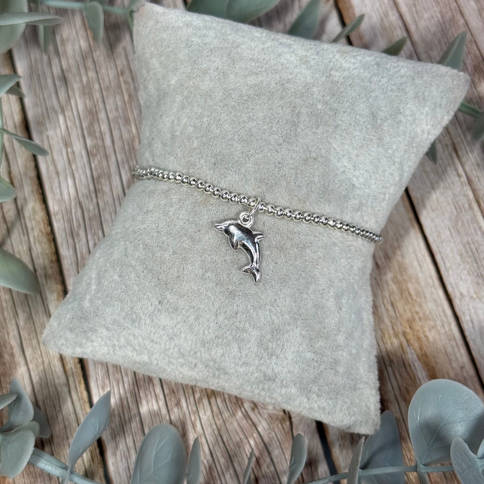 Dolphin Sterling Silver Elasticated Beaded Bracelet