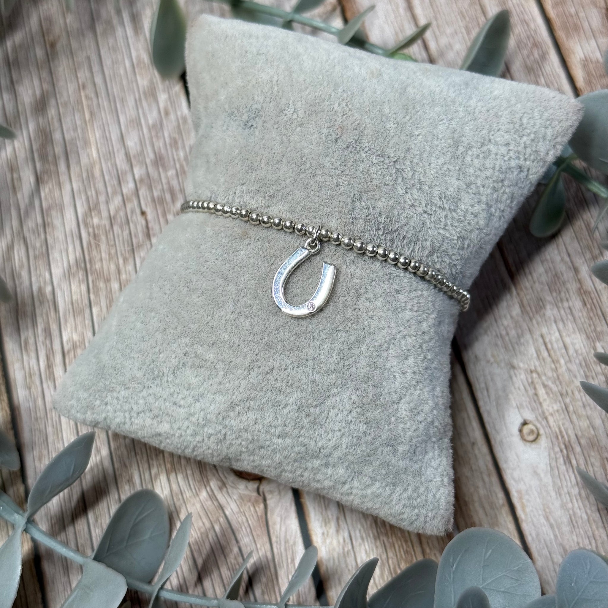 Horse Shoe Sterling Silver Elasticated Beaded Bracelet