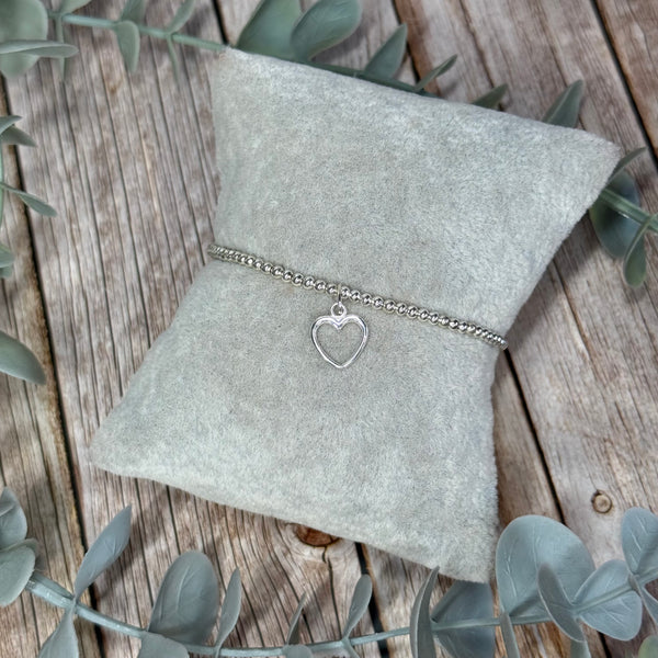 Open Heart Sterling Silver Elasticated Beaded Bracelet