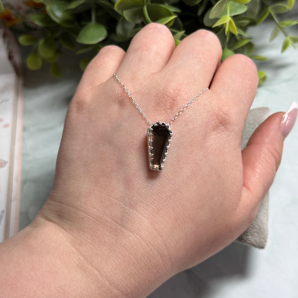 Smokey Quartz Coffin Pendant Necklace Handmade Sterling Silver