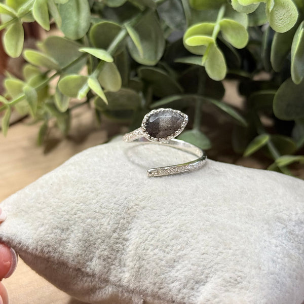 Black Sunstone Adjustable Ring Handmade Sterling Silver