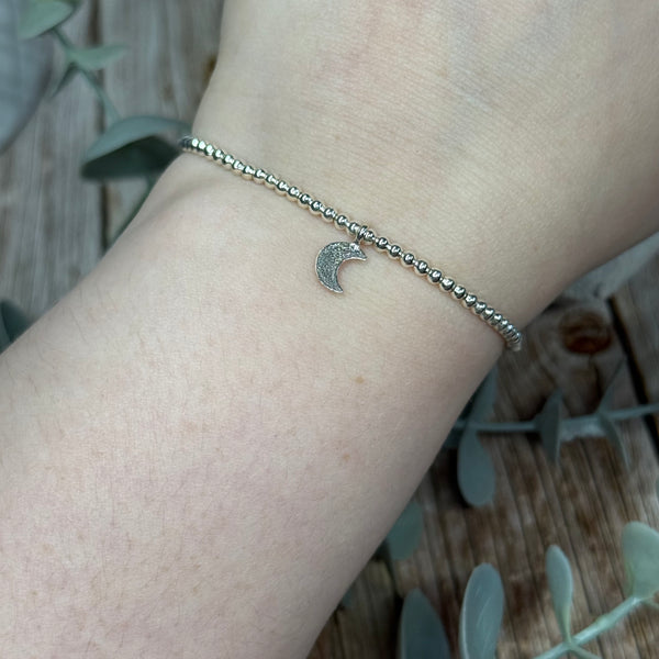 Hammered Moon Sterling Silver Elasticated Beaded Bracelet