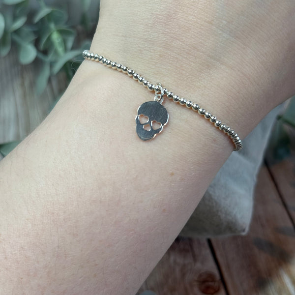 Skull Sterling Silver Elasticated Beaded Bracelet