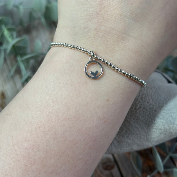 Circle Heart Sterling Silver Elasticated Beaded Bracelet