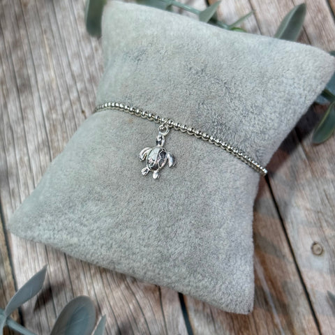 Turtle Sterling Silver Elasticated Beaded Bracelet