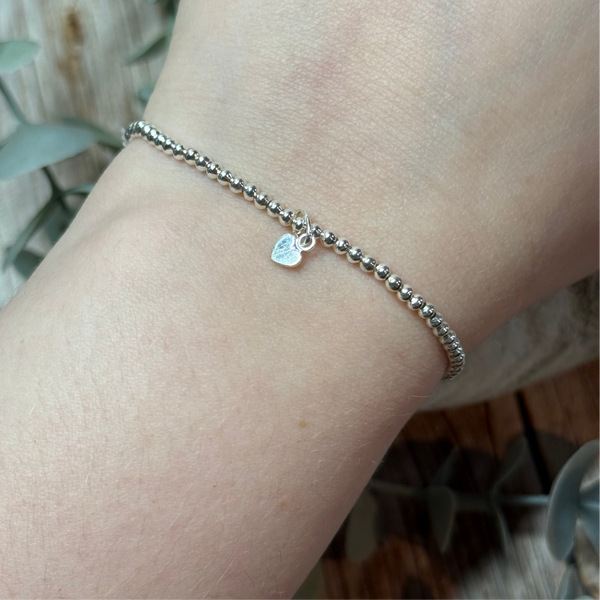 Dangle Heart Sterling Silver Elasticated Beaded Bracelet