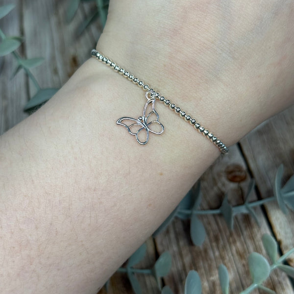 Butterfly Sterling Silver Elasticated Beaded Bracelet