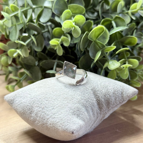 Moss Agate & Clear Quartz Doublet Adjustable Ring Handmade Sterling Silver