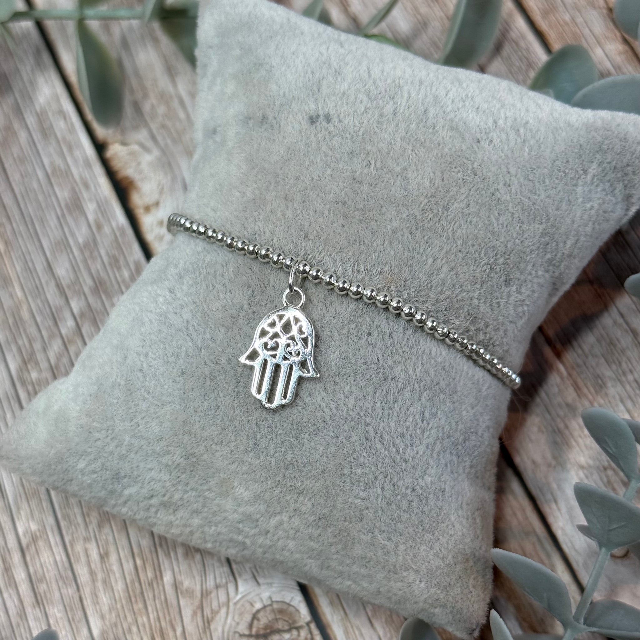 Hamsa Sterling Silver Elasticated Beaded Bracelet