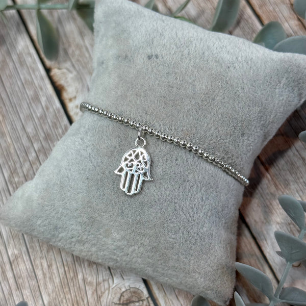 Hamsa Sterling Silver Elasticated Beaded Bracelet