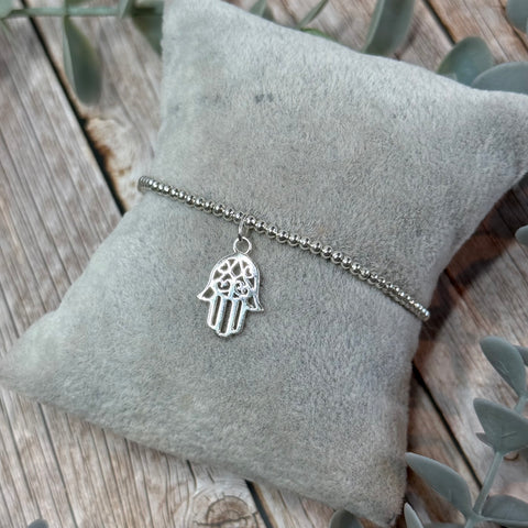 Hamsa Sterling Silver Elasticated Beaded Bracelet