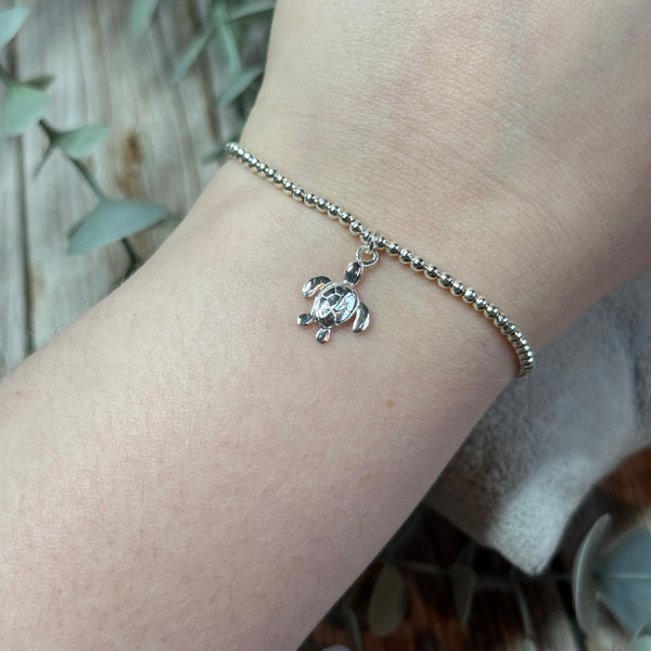 Turtle Sterling Silver Elasticated Beaded Bracelet