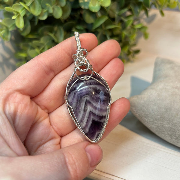 Chevron Amethyst Sterling Silver Wire Wrapped Pendant Necklace Handmade