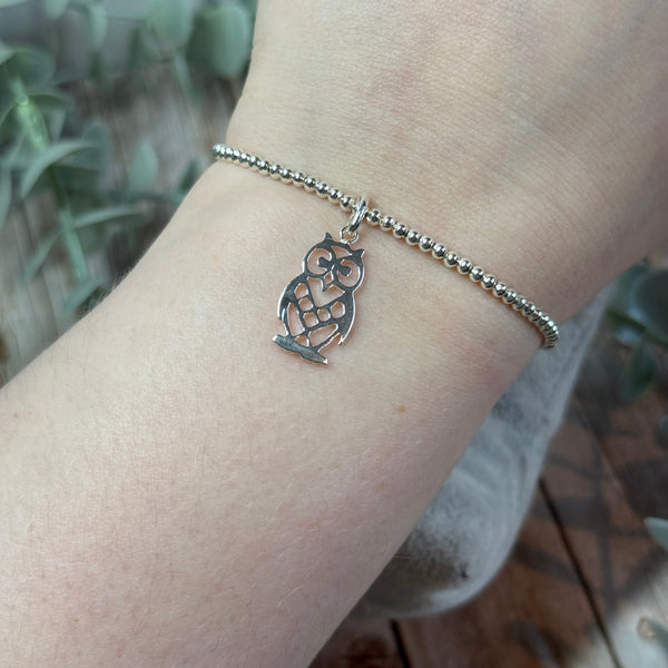 Owl Sterling Silver Elasticated Beaded Bracelet
