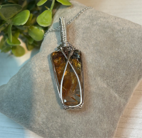 Golden Rutile Sterling Silver Wire Wrapped Pendant Necklace