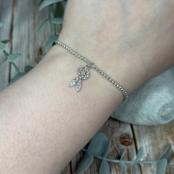 Dream Catcher Sterling Silver Elasticated Beaded Bracelet
