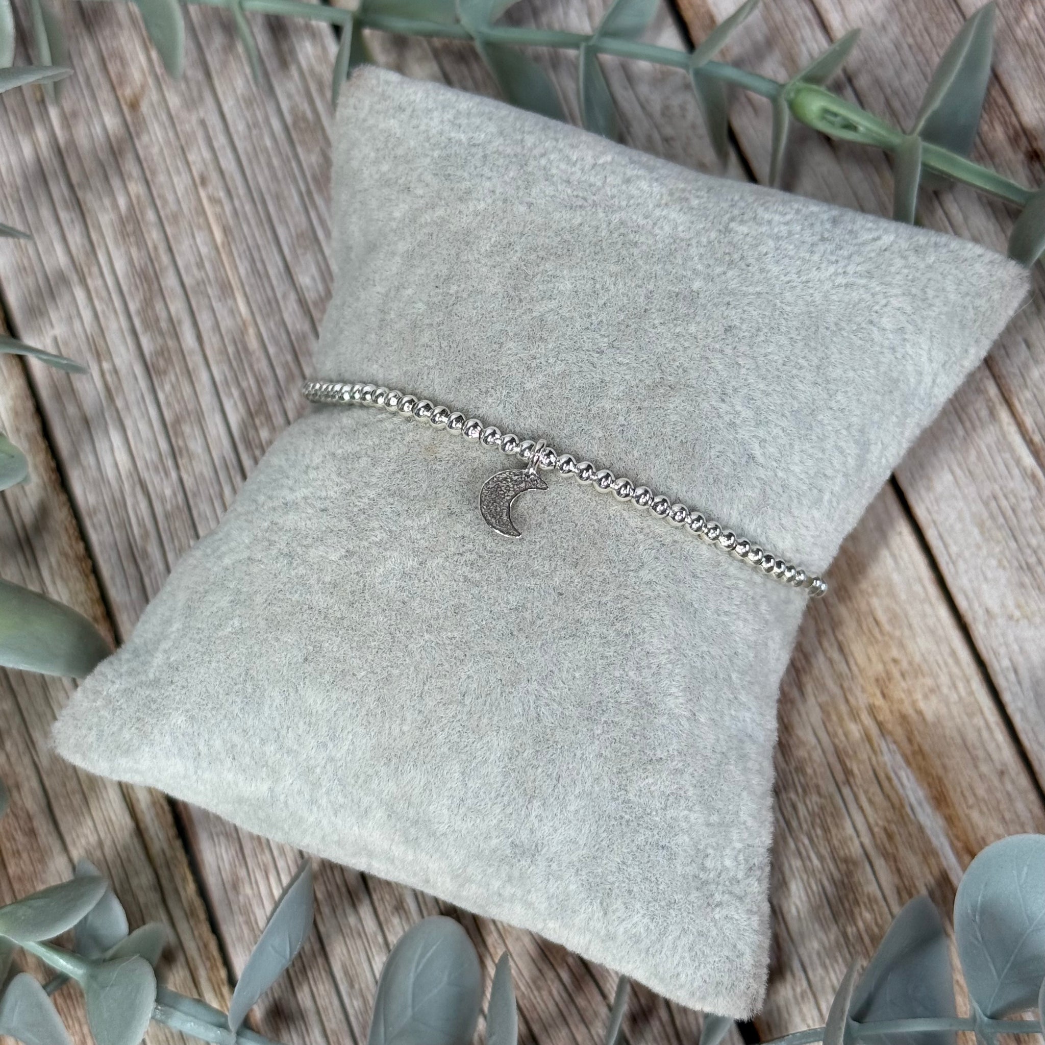 Hammered Moon Sterling Silver Elasticated Beaded Bracelet