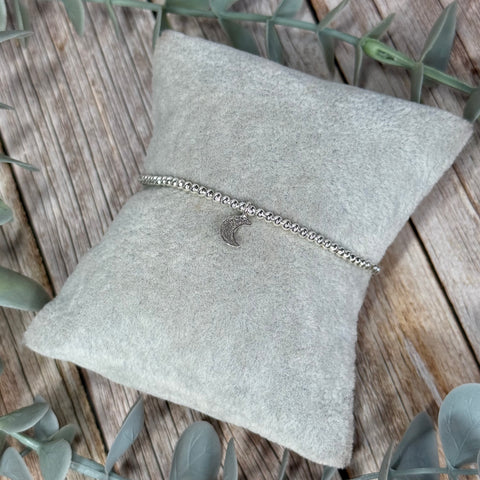 Hammered Moon Sterling Silver Elasticated Beaded Bracelet