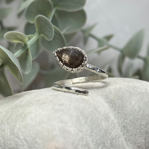 Black Sunstone Adjustable Ring Handmade Sterling Silver
