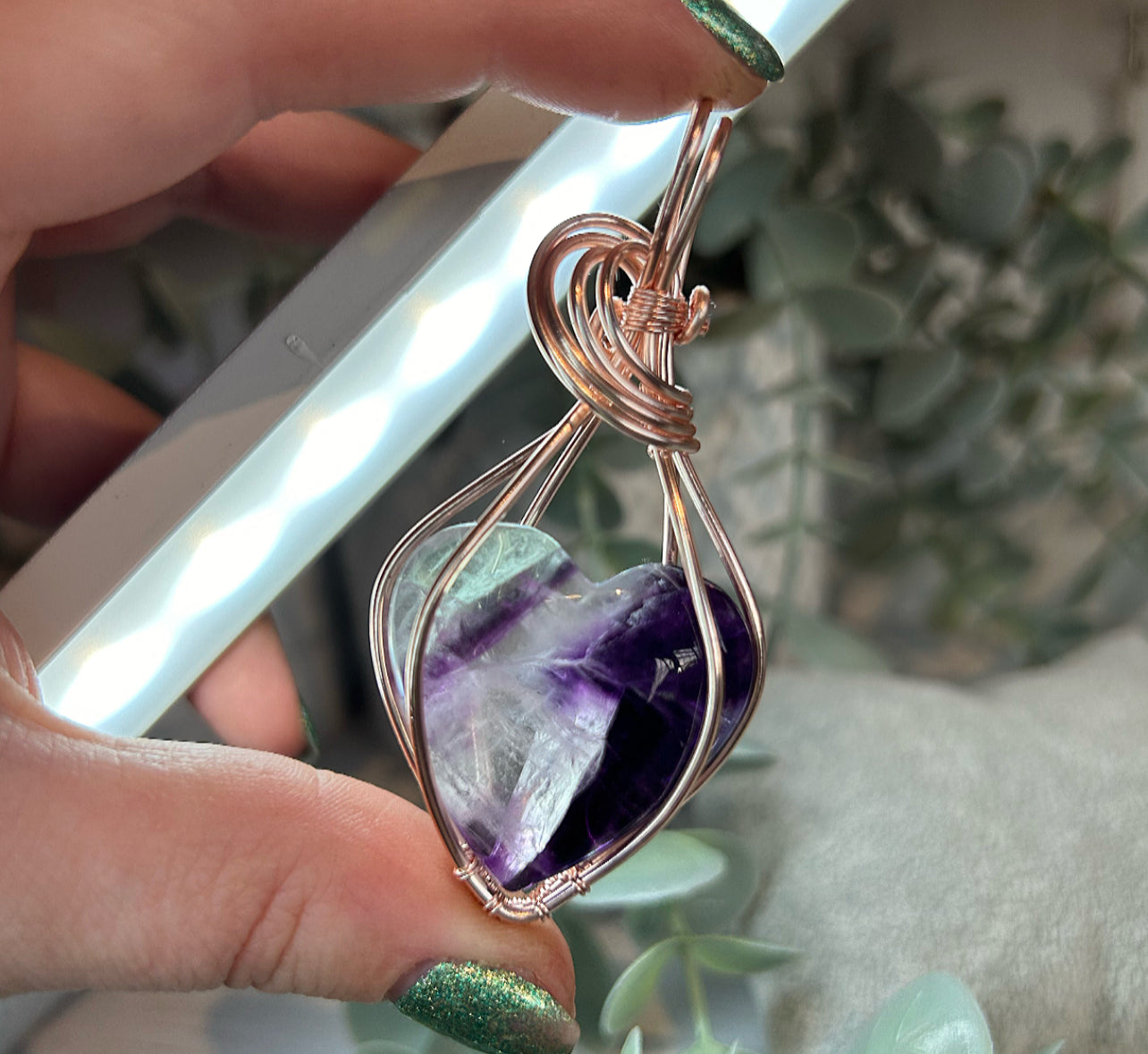 Fluorite Rose Gold Plated Wire Wrapped Pendant Handmade