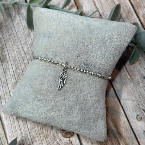 Angel Wing Sterling Silver Elasticated Beaded Bracelet