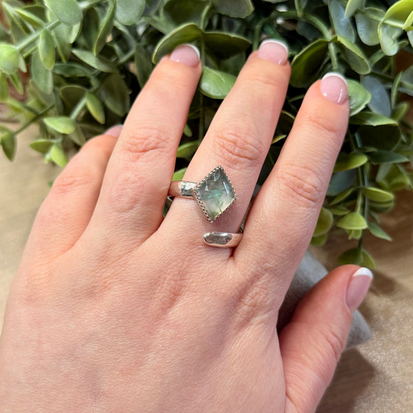 Moss Agate & Clear Quartz Doublet Adjustable Ring Handmade Sterling Silver