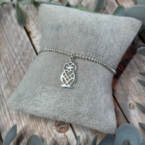 Owl Sterling Silver Elasticated Beaded Bracelet