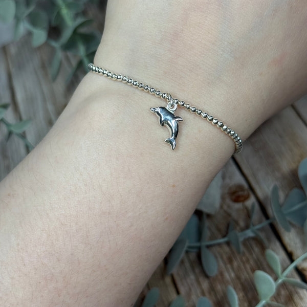 Dolphin Sterling Silver Elasticated Beaded Bracelet