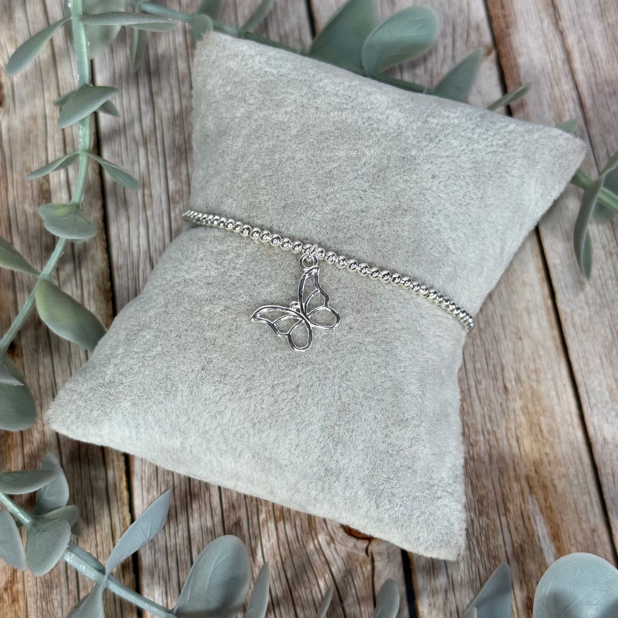 Butterfly Sterling Silver Elasticated Beaded Bracelet