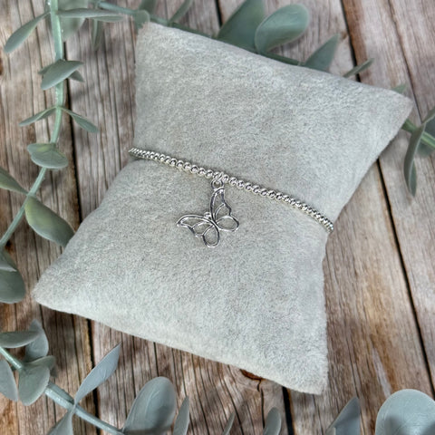 Butterfly Sterling Silver Elasticated Beaded Bracelet