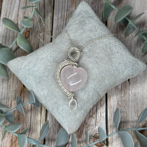 Rose Quartz Sterling Silver Wire Wrapped Pendant Necklace