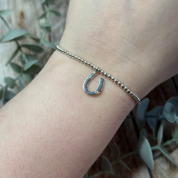 Horse Shoe Sterling Silver Elasticated Beaded Bracelet