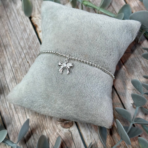 Bow Sterling Silver Elasticated Beaded Bracelet