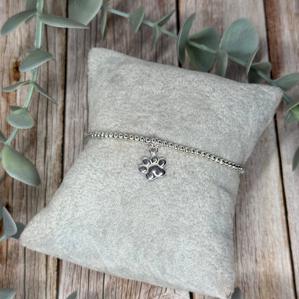 Paw Print Sterling Silver Elasticated Beaded Bracelet