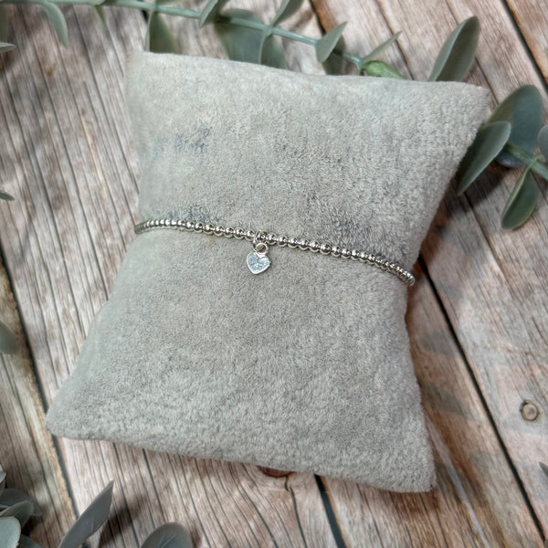 Dangle Heart Sterling Silver Elasticated Beaded Bracelet