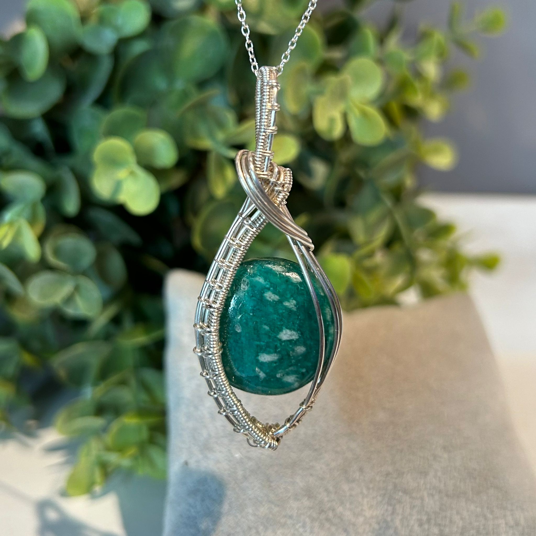 Amazonite Sterling Silver Wire Wrapped Pendant Necklace Handmade