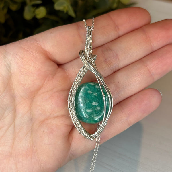 Amazonite Sterling Silver Wire Wrapped Pendant Necklace Handmade