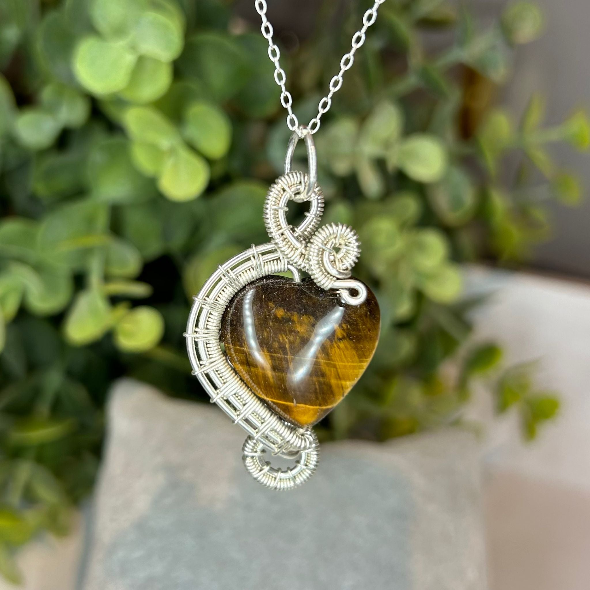 Tiger Eye Sterling Silver Wire Wrapped Pendant Necklace Handmade